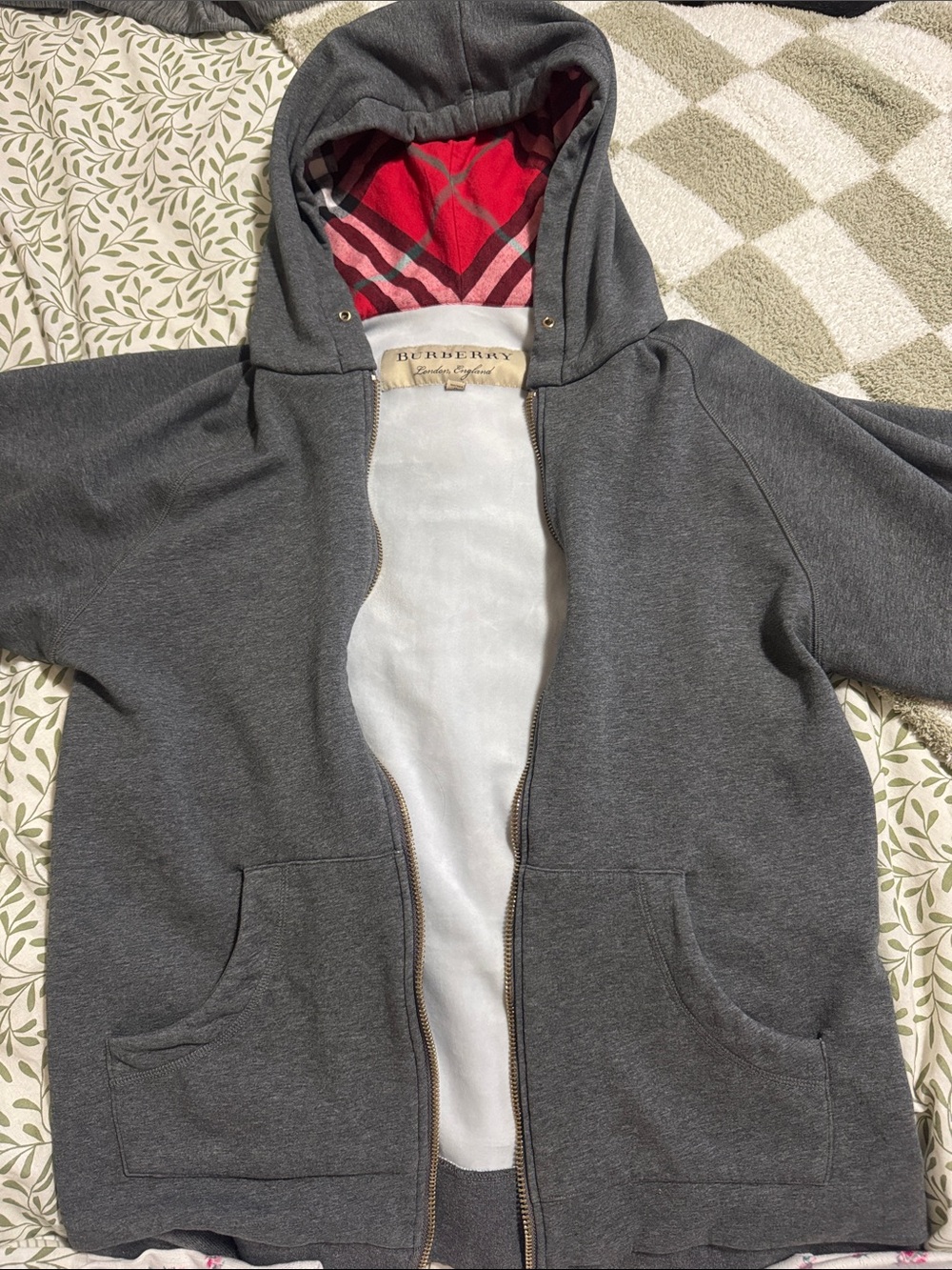 Burberry Kids Charcoal Gray Zip Hoodie with Red Check Hood Lining